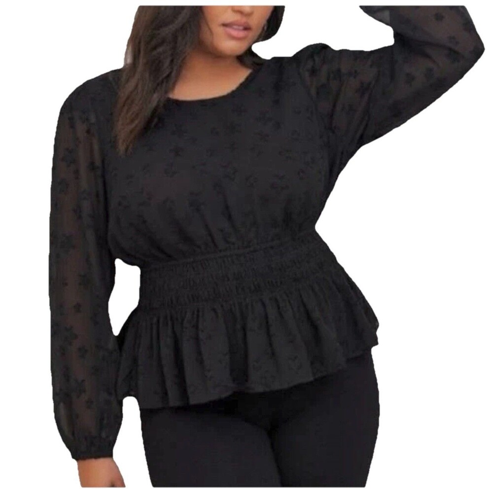 Torrid Black Chiffon Blouse Size 3X Smocked Waist Sheer Puff Sleeve Top